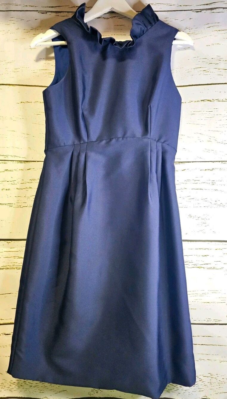 Camilyn Beth Navy Blue Ruffle Neck Dress Gold Button Back Made USA